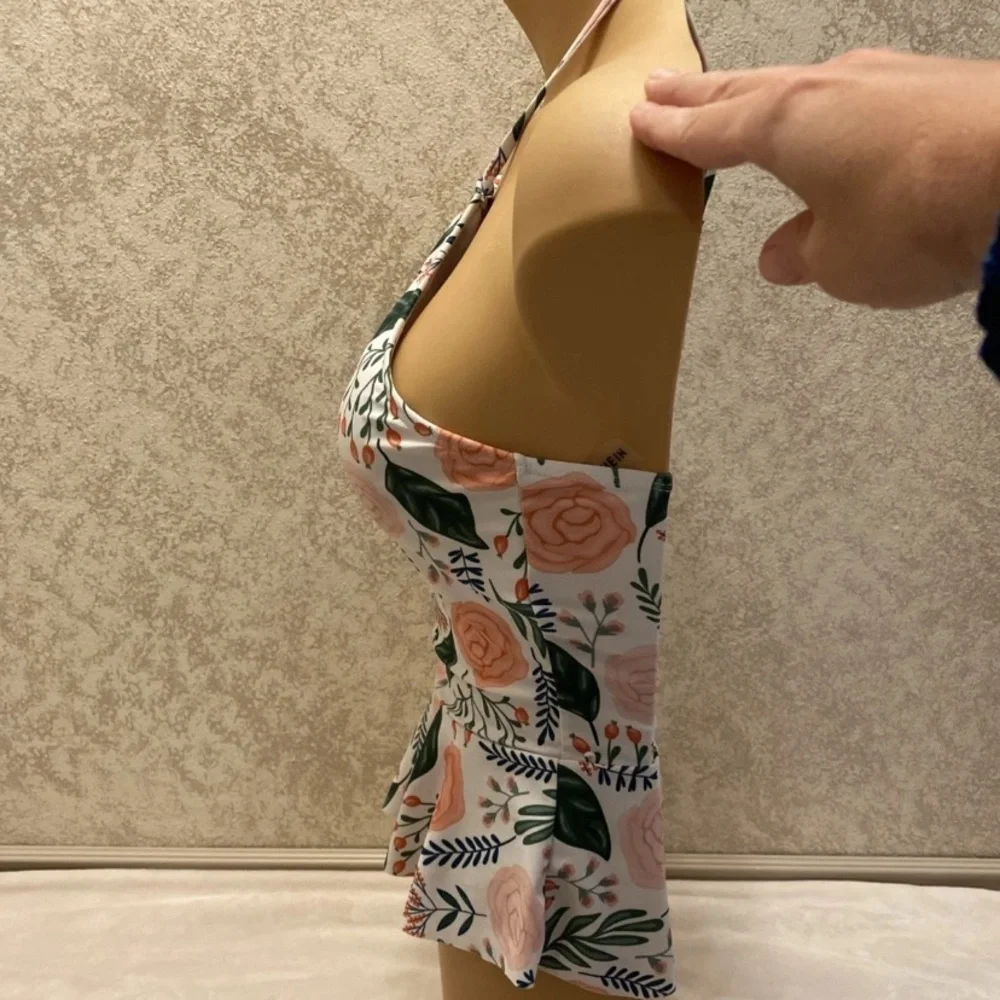 SHEIN Floral Halter Bikini Top in Pink and Green